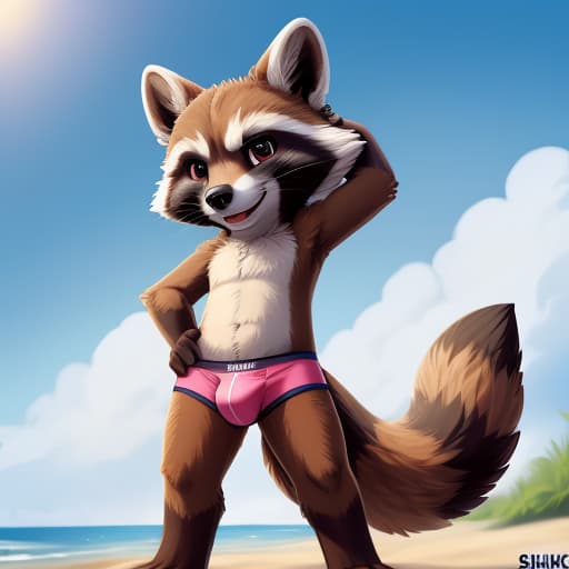  by shiuk, Rocket Raccoon, bright colors, solo, best quality, detailed, anthro, on the beach, ((different poses)), body full angle, full body, bulging crotch, pink boxerbriefs, (curvy), detailed face, fluffy tail, self fondle, nice angle, lend a helping hand, hands on hips, looking at self, layback pose, proposal pose, hands on hips, open eyes, digital art, masterpiece, 4k, fine details,