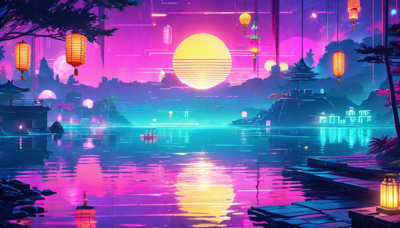  vaporwave,cyberpunk game style A tranquil lakeside scene, where calm water reflects emotional balance, surrounded by scattered, softly glowing lanterns representing strategies to manage emotions, Serenity, reflective calm, guiding lights of stabilityeon, dystopian, futuristic, digital, vibrant, detailed, high contrast, reminiscent of cyberpunk genre video games,retro aesthetic, cyberpunk, vibrant, neon colors, vintage 80s and 90s style, highly detailed