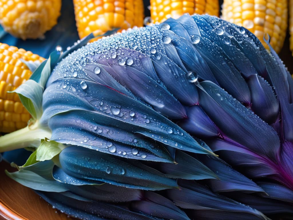  A closeup, ultradetailed image of a perfectly goldenblue corn cob, freshly picked and covered in dew drops, showcasing the intricate pattern of the kernels and the vibrant hues of blue and yellow. The background is blurred, emphasizing the natural beauty and uniqueness of the blue corn, making it a visually striking and minimalistic image for the article on incorporating blue corn in pastrymaking. hyperrealistic, full body, detailed clothing, highly detailed, cinematic lighting, stunningly beautiful, intricate, sharp focus, f/1. 8, 85mm, (centered image composition), (professionally color graded), ((bright soft diffused light)), volumetric fog, trending on instagram, trending on tumblr, HDR 4K, 8K