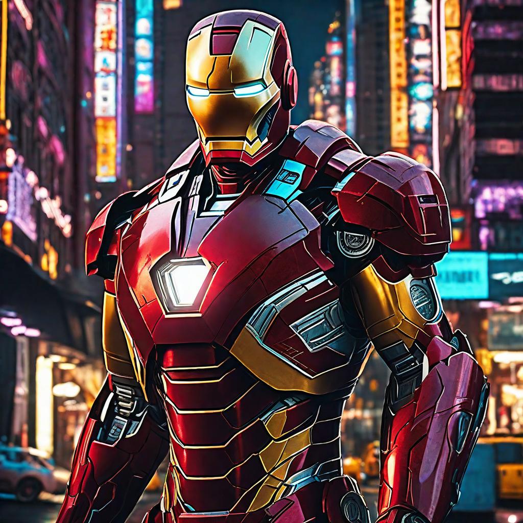  masterpiece, best quality, Best quality, masterpiece, 8k resolution, realistic, highly detailed, close up of Iron Man. In a cyberpunk-style night scene of the city, he stands on a street lined with tall buildings. The city's night lights are bright, The surrounding buildings and streets are filled with cyberpunk elements such as neon lights, high-tech devices, and futuristic architectural designs.