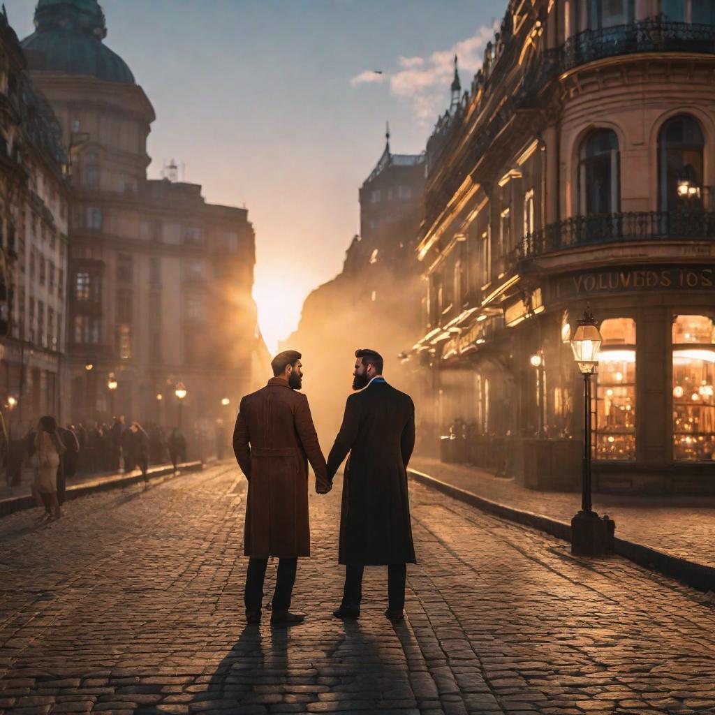  Two men .One with a beard, the other not.kissing.The evening city is visible at sunset 🌆 One of them is taller than the other hyperrealistic, full body, detailed clothing, highly detailed, cinematic lighting, stunningly beautiful, intricate, sharp focus, f/1. 8, 85mm, (centered image composition), (professionally color graded), ((bright soft diffused light)), volumetric fog, trending on instagram, trending on tumblr, HDR 4K, 8K