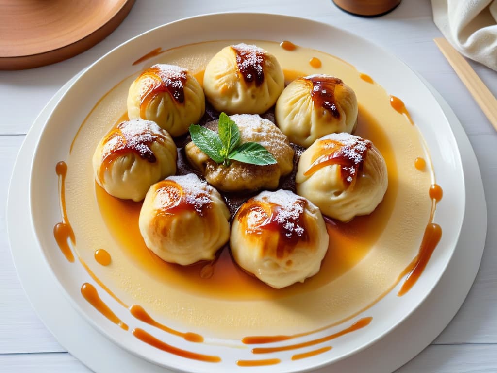  An intricately detailed closeup image of homemade Golden Syrup Dumplings drizzled with a generous amount of golden syrup, with steam gently rising from the warm, gooey center. The dumplings are perfectly round and slightly golden on the outside, resting on a sleek, minimalist plate that accentuates their glossy texture and inviting sweetness. hyperrealistic, full body, detailed clothing, highly detailed, cinematic lighting, stunningly beautiful, intricate, sharp focus, f/1. 8, 85mm, (centered image composition), (professionally color graded), ((bright soft diffused light)), volumetric fog, trending on instagram, trending on tumblr, HDR 4K, 8K