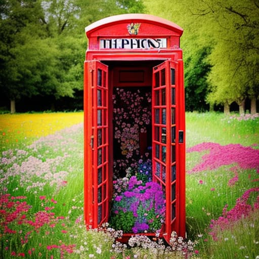  A phone booth in a field of flowers