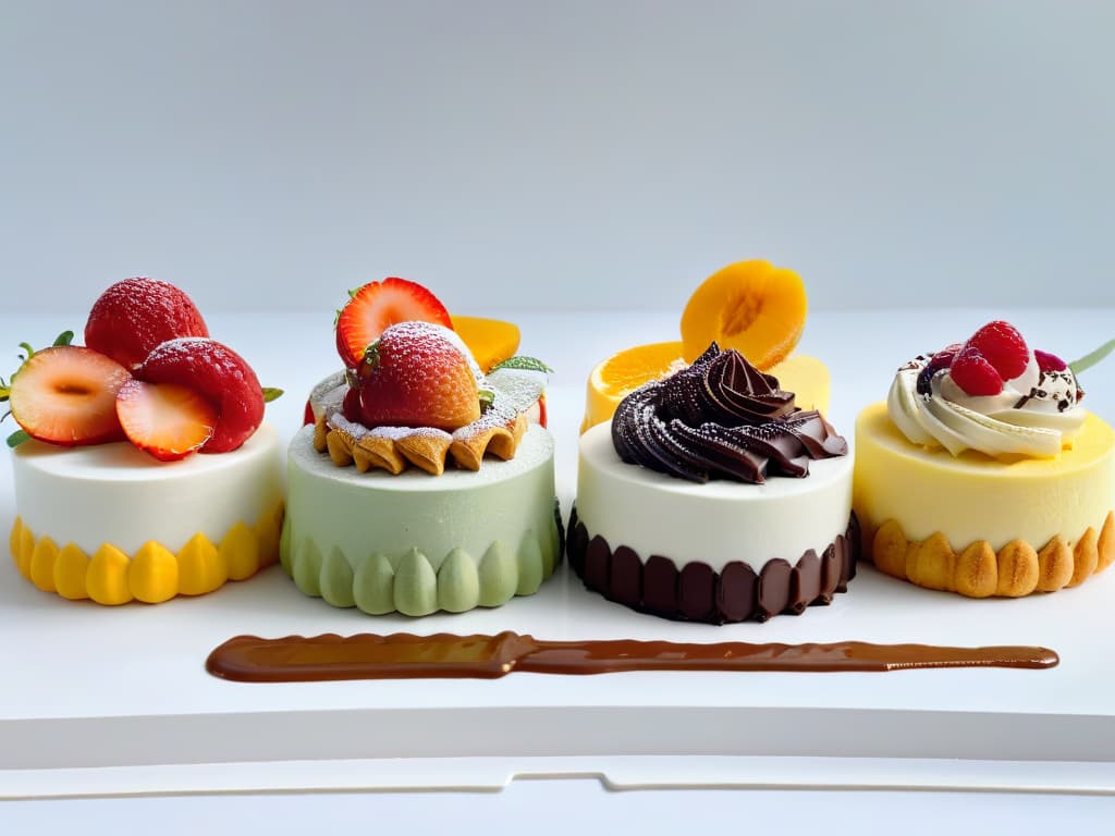  An ultradetailed, highresolution image of a vibrant, colorful array of vegan cream and filling options for pastries and desserts. Each filling is elegantly piped or spooned, showcasing a variety of textures and flavors, from rich chocolate ganache to zesty fruit compotes and creamy coconutbased fillings. The colors are vivid and enticing, contrasting beautifully against a clean, white background, making the fillings the focal point of the image. This visual representation is sure to inspire creativity and experimentation in vegan pastry making. hyperrealistic, full body, detailed clothing, highly detailed, cinematic lighting, stunningly beautiful, intricate, sharp focus, f/1. 8, 85mm, (centered image composition), (professionally color graded), ((bright soft diffused light)), volumetric fog, trending on instagram, trending on tumblr, HDR 4K, 8K