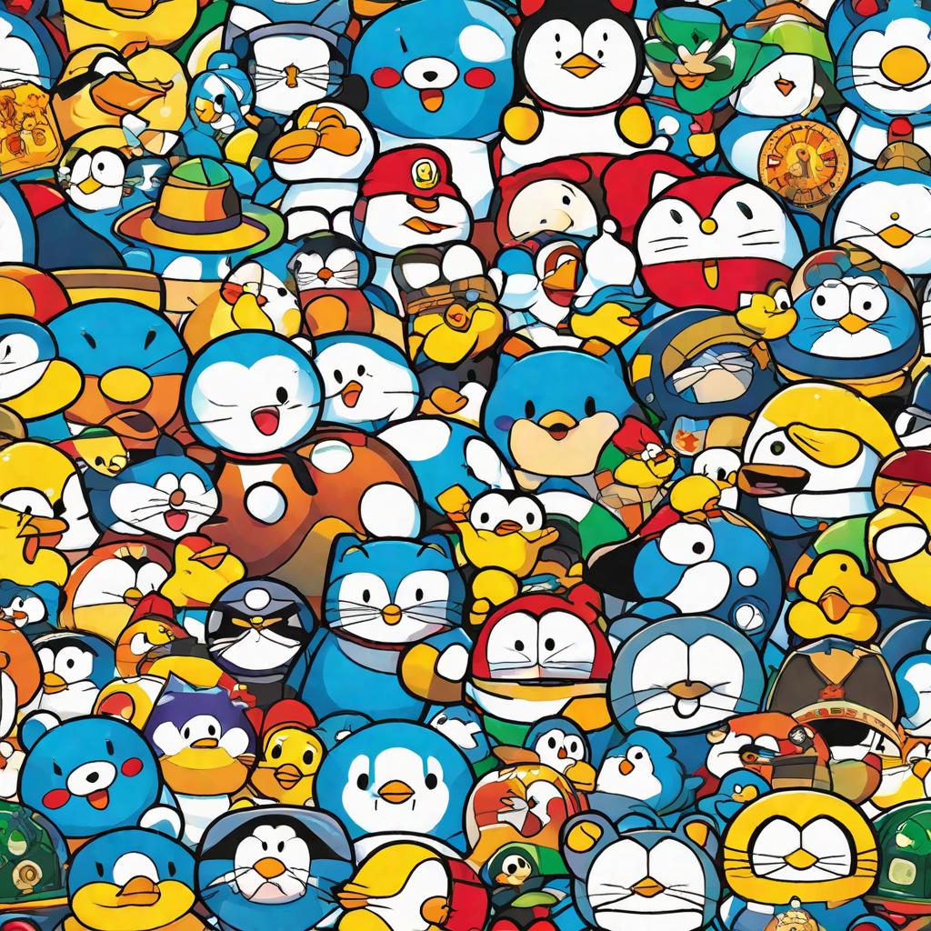  masterpiece, best quality,Doraemon, Kodak Duck, Cartoon Illustrator Style, Bright Color, Cute, HD, Solid Color Background