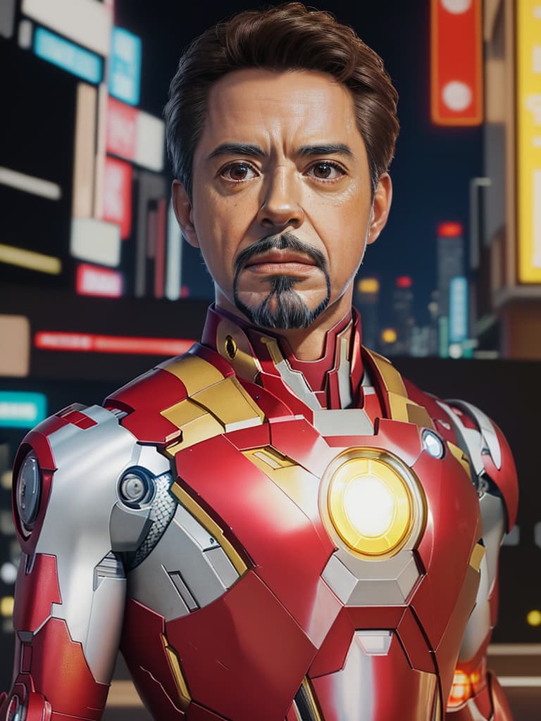  masterpiece, best quality, masterpiece, 8k resolution, realistic, highly detailed, Iron Man close up. He stands on a street lined with tall buildings in a cyberpunk style city at night. The city's night lights are bright, and the surrounding buildings and streets are full of cyberpunk elements such as neon lights, high tech equipment and futuristic architectural design.