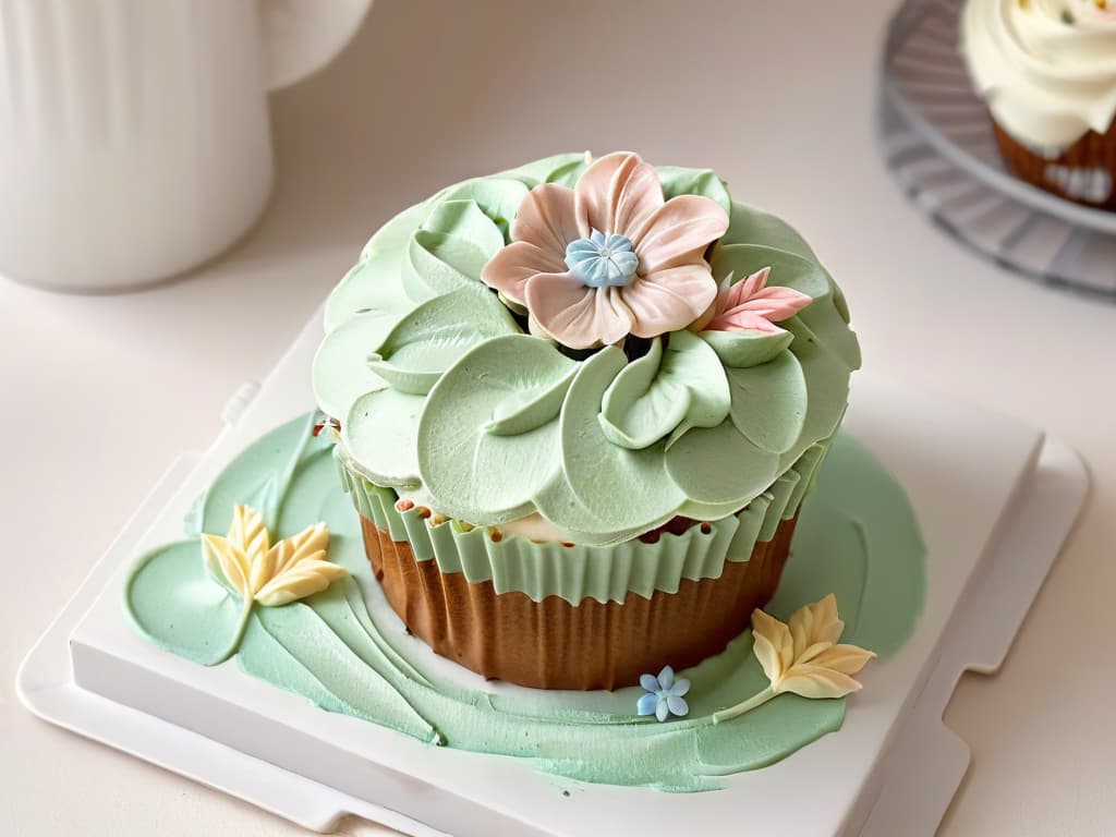  A closeup, ultradetailed image of a beautifully decorated cupcake with intricate frosting swirls in pastel colors, sitting on a sleek, modern white plate. The frosting is delicately piped to resemble delicate flowers and leaves, creating a stunning visual impact. The lighting is soft, highlighting the texture and details of the frosting, while the background is a smooth, blurred surface to keep the focus solely on the exquisite cupcake. hyperrealistic, full body, detailed clothing, highly detailed, cinematic lighting, stunningly beautiful, intricate, sharp focus, f/1. 8, 85mm, (centered image composition), (professionally color graded), ((bright soft diffused light)), volumetric fog, trending on instagram, trending on tumblr, HDR 4K, 8K