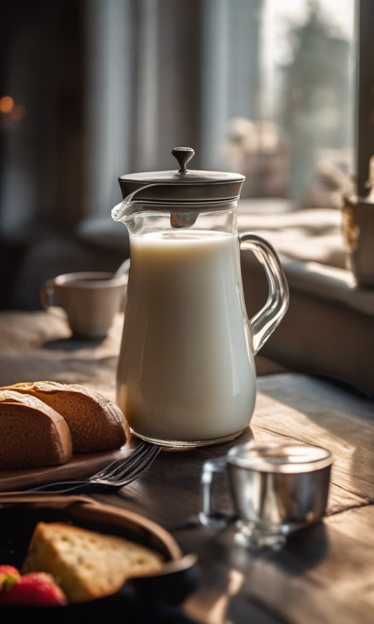  "Beautiful and realistic photo of milk in a jug, beautiful breakfast." hyperrealistic, full body, detailed clothing, highly detailed, cinematic lighting, stunningly beautiful, intricate, sharp focus, f/1. 8, 85mm, (centered image composition), (professionally color graded), ((bright soft diffused light)), volumetric fog, trending on instagram, trending on tumblr, HDR 4K, 8K