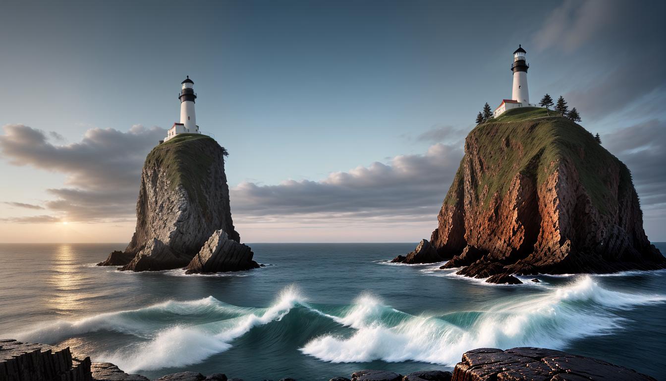  digital illustration, A lighthouse standing tall on a rocky cliff, light beaming across the ocean, guiding ships, beacon of attraction, calm sea, looking at viewer, dynamic pose, (intricate details, masterpiece, best quality)