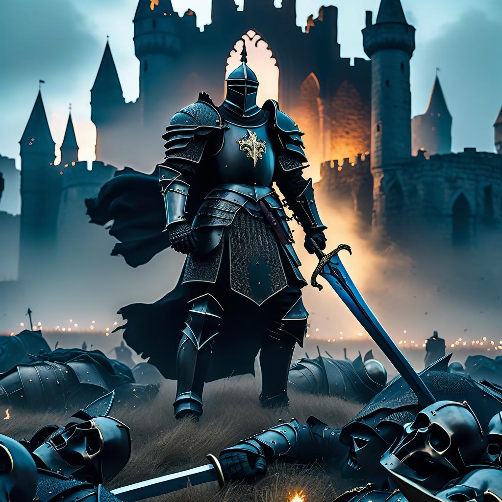  macabre style Background: ruins of a large medieval Gothic castle in the field. The field is littered with fallen knights. In the middle of the scene, against the backdrop of the ruins, a black knight in black armor and a black helmet with a sword, looking down, is seen walking. . dark, gothic, grim, haunting, highly detailed hyperrealistic, full body, detailed clothing, highly detailed, cinematic lighting, stunningly beautiful, intricate, sharp focus, f/1. 8, 85mm, (centered image composition), (professionally color graded), ((bright soft diffused light)), volumetric fog, trending on instagram, trending on tumblr, HDR 4K, 8K