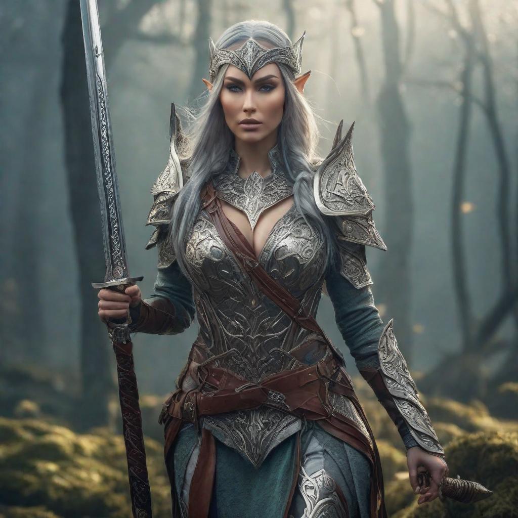  elven warrior woman with a sword in style, cute, hyper detail, full HD hyperrealistic, full body, detailed clothing, highly detailed, cinematic lighting, stunningly beautiful, intricate, sharp focus, f/1. 8, 85mm, (centered image composition), (professionally color graded), ((bright soft diffused light)), volumetric fog, trending on instagram, trending on tumblr, HDR 4K, 8K