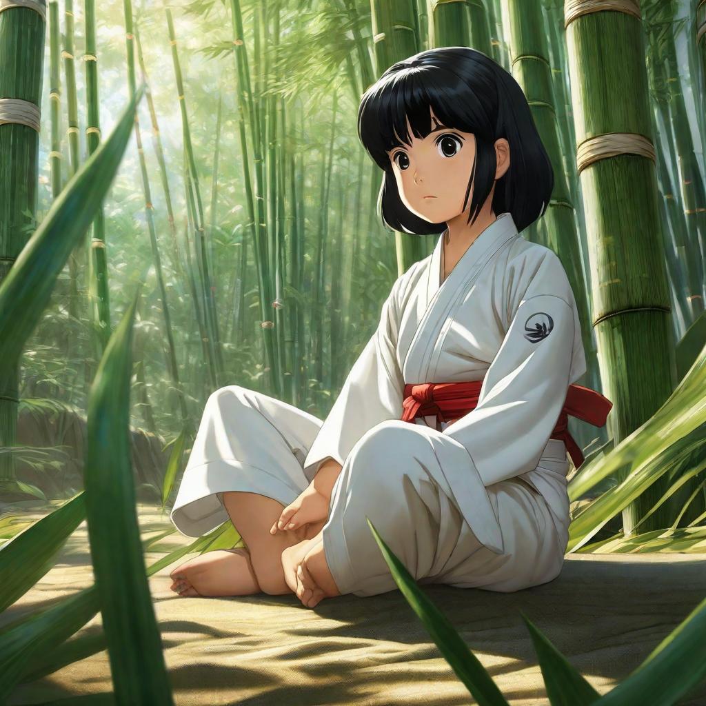  A black haired child wearing a white karate uniform sits on the ground among bamboo sticks., anime concept art by Hayao Miyazaki, featured on pixiv, fantasy art, concept art, official art, high detailed hyperrealistic, full body, detailed clothing, highly detailed, cinematic lighting, stunningly beautiful, intricate, sharp focus, f/1. 8, 85mm, (centered image composition), (professionally color graded), ((bright soft diffused light)), volumetric fog, trending on instagram, trending on tumblr, HDR 4K, 8K