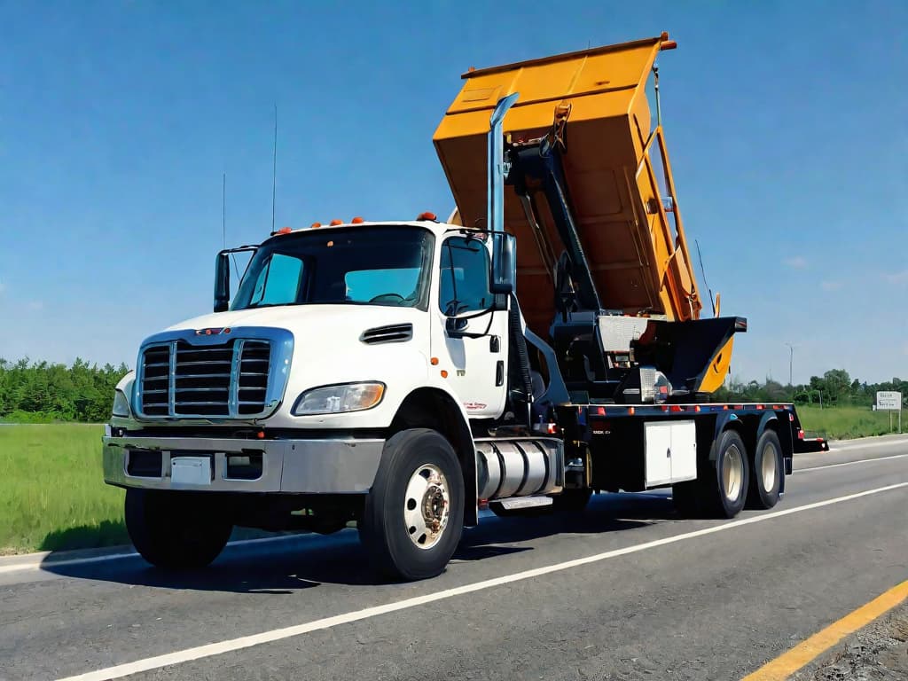  Generate an image featuring a wheel lift tow truck on the side of a highway no movement in the road or highway everything is very still. side camera angle showing the width of the tow truck