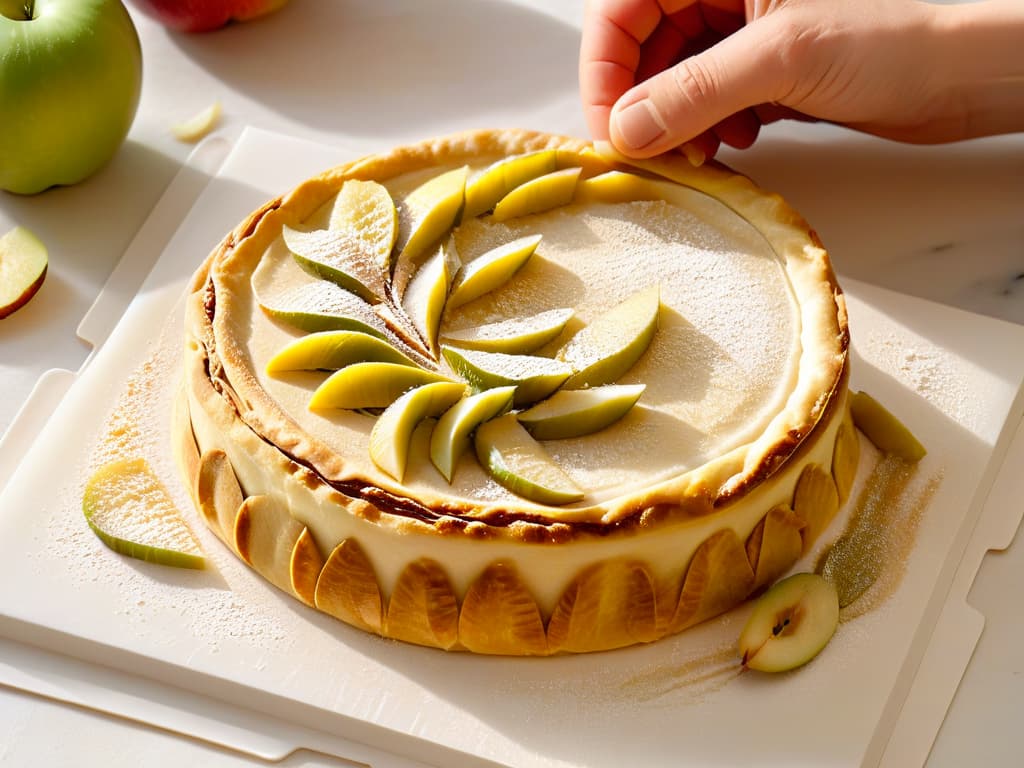  A minimalistic yet highly detailed image of a pair of hands expertly layering thin apple slices onto a delicate pastry sheet, showcasing the meticulous process of assembling a traditional apple strudel. The hands are adorned with subtle flour dustings, and the background is a soft, neutral tone to enhance the focus on the intricate preparation of this iconic Austrian pastry. hyperrealistic, full body, detailed clothing, highly detailed, cinematic lighting, stunningly beautiful, intricate, sharp focus, f/1. 8, 85mm, (centered image composition), (professionally color graded), ((bright soft diffused light)), volumetric fog, trending on instagram, trending on tumblr, HDR 4K, 8K