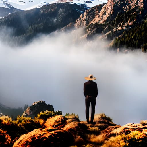  a man standing in a mountain wearing a straw hat hyperrealistic, full body, detailed clothing, highly detailed, cinematic lighting, stunningly beautiful, intricate, sharp focus, f/1. 8, 85mm, (centered image composition), (professionally color graded), ((bright soft diffused light)), volumetric fog, trending on instagram, trending on tumblr, HDR 4K, 8K