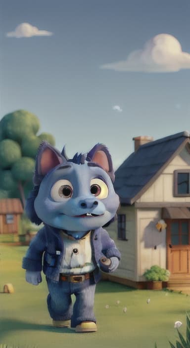  {Max walking back towards the cozy little house with droopy eyes, as twilight falls, The big blue dog is large with sky blue fur, big round eyes, a black nose, and floppy ears.