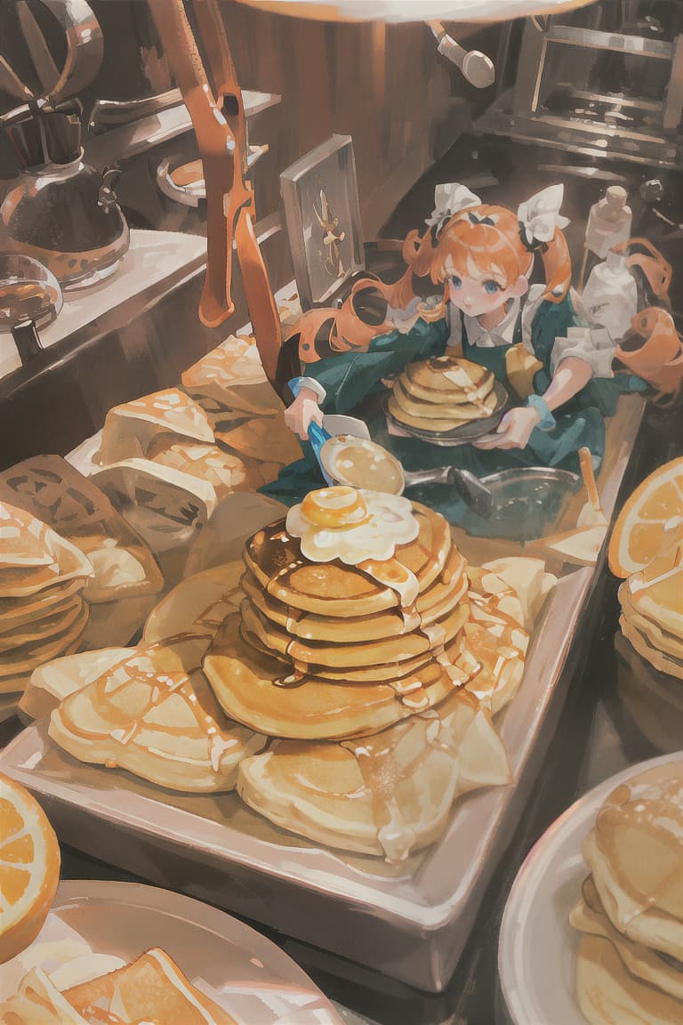  master piece , best quality,Orange hair, pigtails, girls, casket caps, pancakes