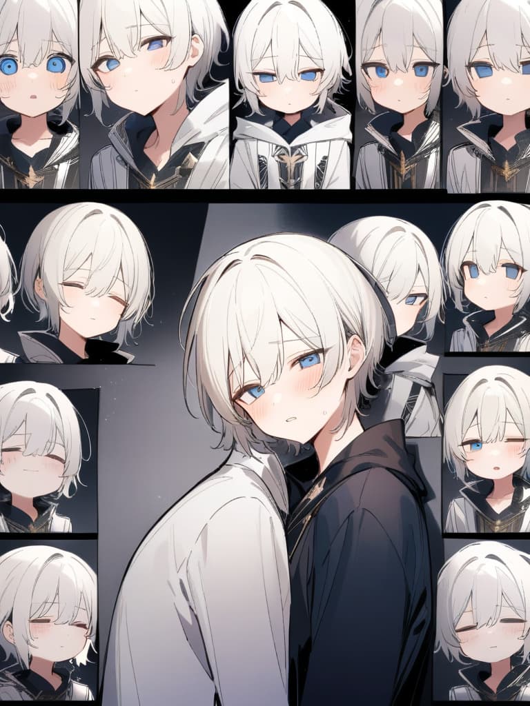  Masterpiece, (((Cartoon Panel Layout))), (((One Male))), Holy Knight, Chibi Chara, (((Short Hair))), ((Blond << << << White Hair))), Blue Eye Color, Blushing, Flustered, A Hundred Faces, Depressed, Embarred, Happy, Sad, High Quality 8, masterpiece, best quality,8k,ultra detailed,high resolution,an extremely delicate and beautiful,hyper detail