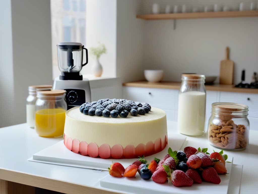  An ultradetailed image of a sleek, modern kitchen with stainless steel countertops, a pristine marble island, and minimalistic white cabinets. The image showcases a variety of glutenfree baking ingredients neatly arranged on the counter almond flour in glass jars, fresh berries in a wooden bowl, a stack of glutenfree recipe books, and a sleek silver stand mixer. Light streams in through a large window, casting a soft glow on the scene, creating a serene and inspiring atmosphere for glutenfree baking. hyperrealistic, full body, detailed clothing, highly detailed, cinematic lighting, stunningly beautiful, intricate, sharp focus, f/1. 8, 85mm, (centered image composition), (professionally color graded), ((bright soft diffused light)), volumetric fog, trending on instagram, trending on tumblr, HDR 4K, 8K