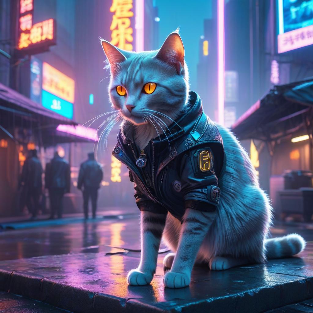  kawaii style cyberpunk city background, cat , glowing eyes, wash his face with dew . cute, adorable, brightly colored, cheerful, anime influence, highly detailed hyperrealistic, full body, detailed clothing, highly detailed, cinematic lighting, stunningly beautiful, intricate, sharp focus, f/1. 8, 85mm, (centered image composition), (professionally color graded), ((bright soft diffused light)), volumetric fog, trending on instagram, trending on tumblr, HDR 4K, 8K