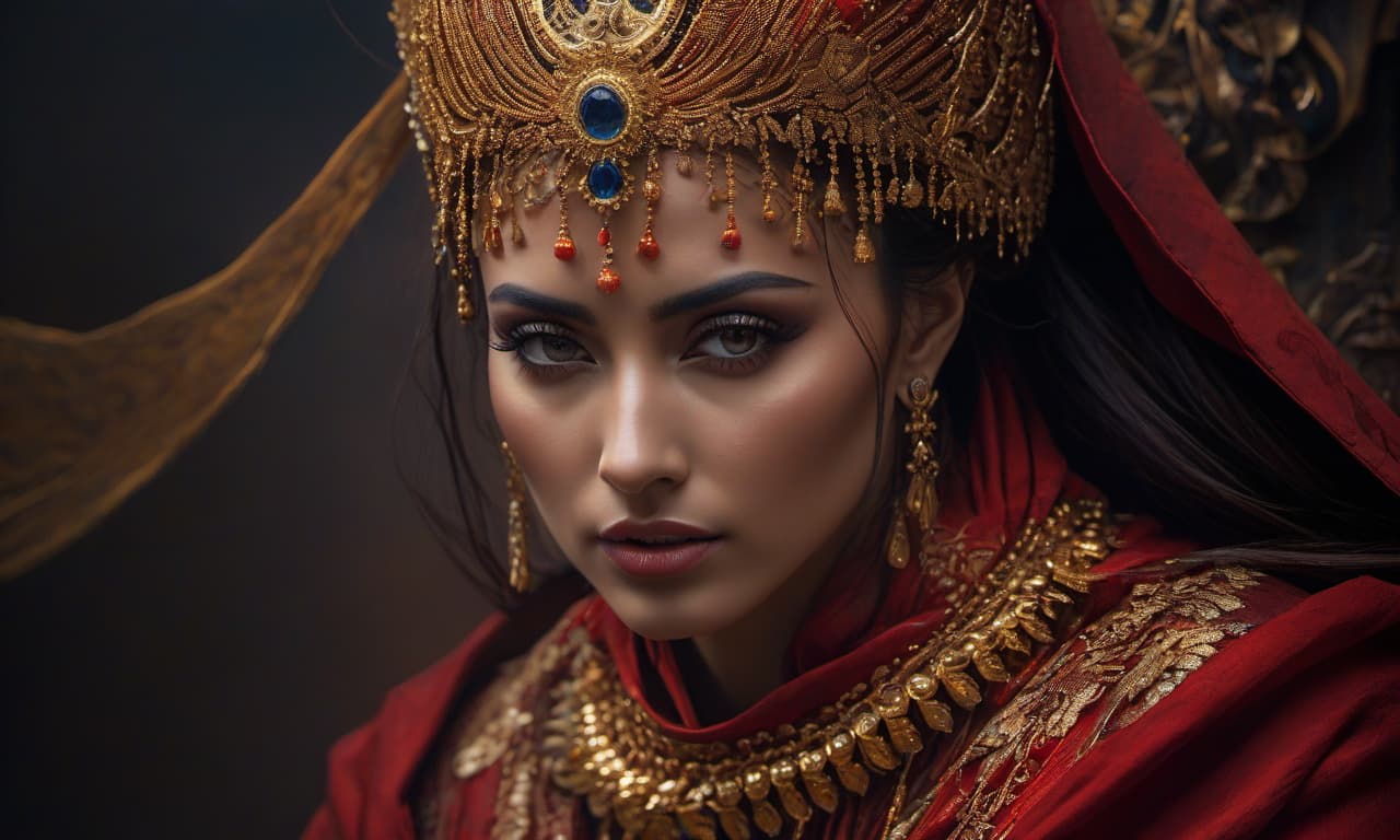  Arabian princess, gold and red robes, highly detailed face, highly detailed eyes, approaching perfection, dynamic, highly detailed, smooth, sharp focus, art by Carne Griffiths and Wadim Kashin, trending on artstation, sharp focus, intricate details, highly detailed, by greg rutkowski, mysterious, epic, cinematic, КРАСНЫЕ ТОНА,КРАСНЫЙ ОТТЕНОК. hyperrealistic, full body, detailed clothing, highly detailed, cinematic lighting, stunningly beautiful, intricate, sharp focus, f/1. 8, 85mm, (centered image composition), (professionally color graded), ((bright soft diffused light)), volumetric fog, trending on instagram, trending on tumblr, HDR 4K, 8K