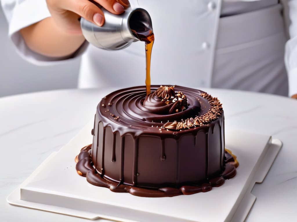  A closeup, ultradetailed image of a perfectly smooth and creamy chocolate ganache being drizzled over a delicate dessert, showcasing the glossy texture and rich color of the ganache as it cascades over the dessert in a mesmerizing swirl. hyperrealistic, full body, detailed clothing, highly detailed, cinematic lighting, stunningly beautiful, intricate, sharp focus, f/1. 8, 85mm, (centered image composition), (professionally color graded), ((bright soft diffused light)), volumetric fog, trending on instagram, trending on tumblr, HDR 4K, 8K