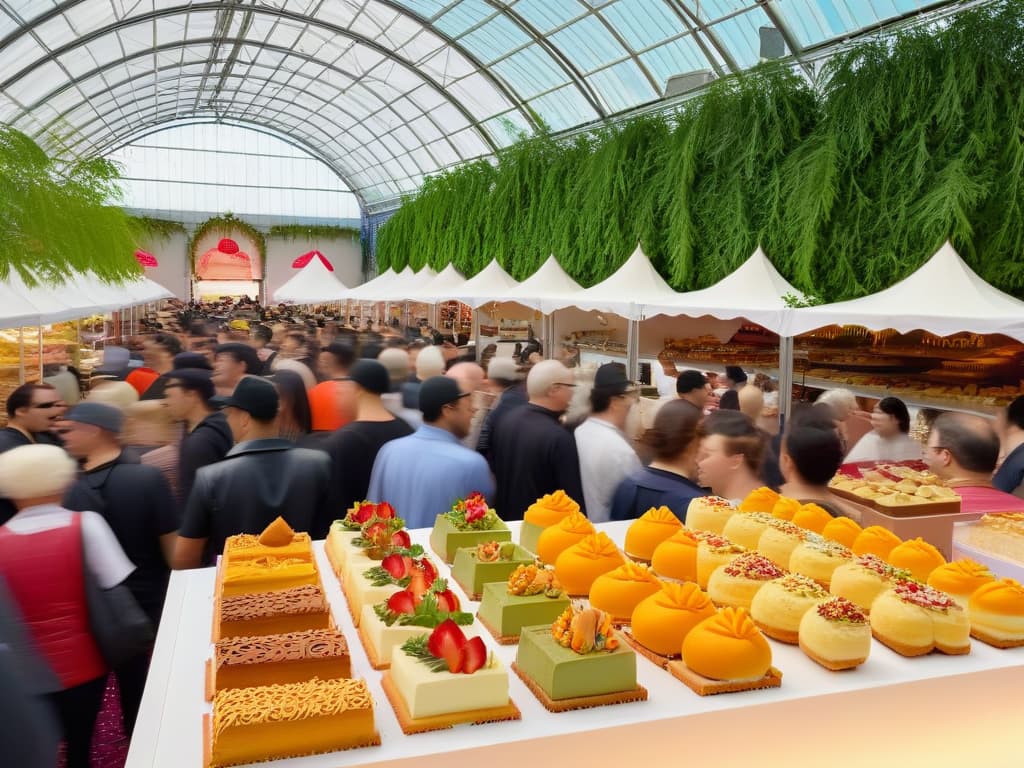  A minimalist and ultradetailed image featuring a vibrant and bustling vegan pastry festival scene, with a diverse crowd of people sampling an array of colorful and intricately decorated vegan pastries. The focus is on a central display showcasing a variety of innovative vegan desserts, surrounded by modern, sleek food stalls adorned with greenery and soft lighting. The image captures the cultural and economic impact of vegan pastry festivals, highlighting the creativity, community, and culinary delight present at these global events. hyperrealistic, full body, detailed clothing, highly detailed, cinematic lighting, stunningly beautiful, intricate, sharp focus, f/1. 8, 85mm, (centered image composition), (professionally color graded), ((bright soft diffused light)), volumetric fog, trending on instagram, trending on tumblr, HDR 4K, 8K