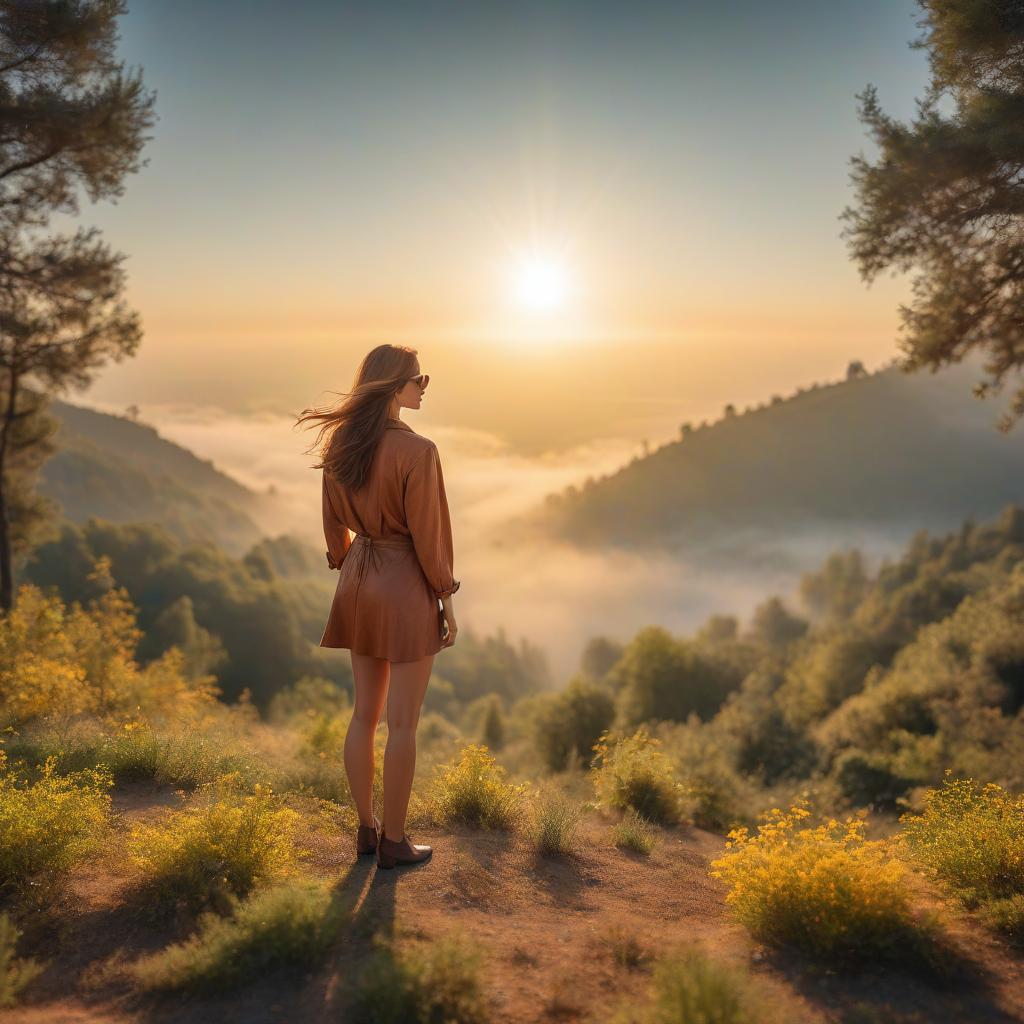  tilt shift photo of girl in calm and tranquility against the backdrop of the big sun . Selective focus, miniature effect, blurred background, highly detailed, vibrant, perspective control hyperrealistic, full body, detailed clothing, highly detailed, cinematic lighting, stunningly beautiful, intricate, sharp focus, f/1. 8, 85mm, (centered image composition), (professionally color graded), ((bright soft diffused light)), volumetric fog, trending on instagram, trending on tumblr, HDR 4K, 8K