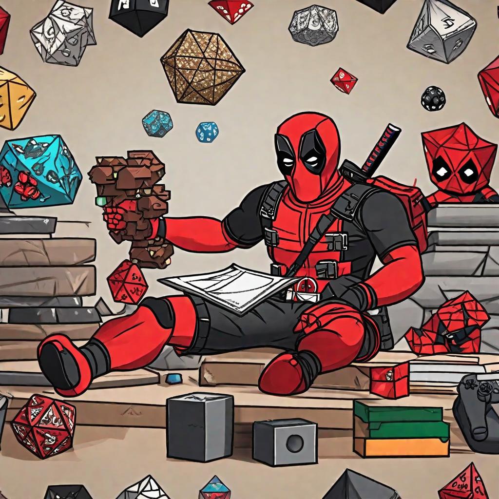  masterpiece, best quality, Cartoon Deadpool playing PlayStation with dungeons and dragon dice in front of him