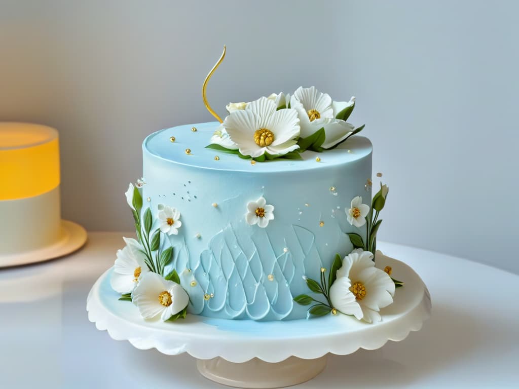  A closeup, ultradetailed image of a perfectly frosted and beautifully decorated threetiered cake, featuring intricate piping designs, delicate sugar flowers, and shimmering edible gold accents. The cake sits on a sleek, white marble cake stand, with soft, natural light casting a gentle shadow underneath, highlighting the exquisite craftsmanship and artistry of the confection. hyperrealistic, full body, detailed clothing, highly detailed, cinematic lighting, stunningly beautiful, intricate, sharp focus, f/1. 8, 85mm, (centered image composition), (professionally color graded), ((bright soft diffused light)), volumetric fog, trending on instagram, trending on tumblr, HDR 4K, 8K