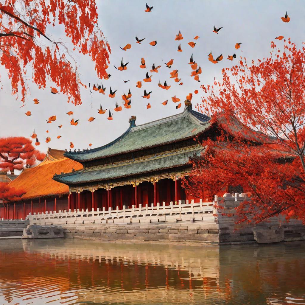  masterpiece, best quality,Painting a picture of the Forbidden City Red wall background Autumn persimmon tree with birds on the branches