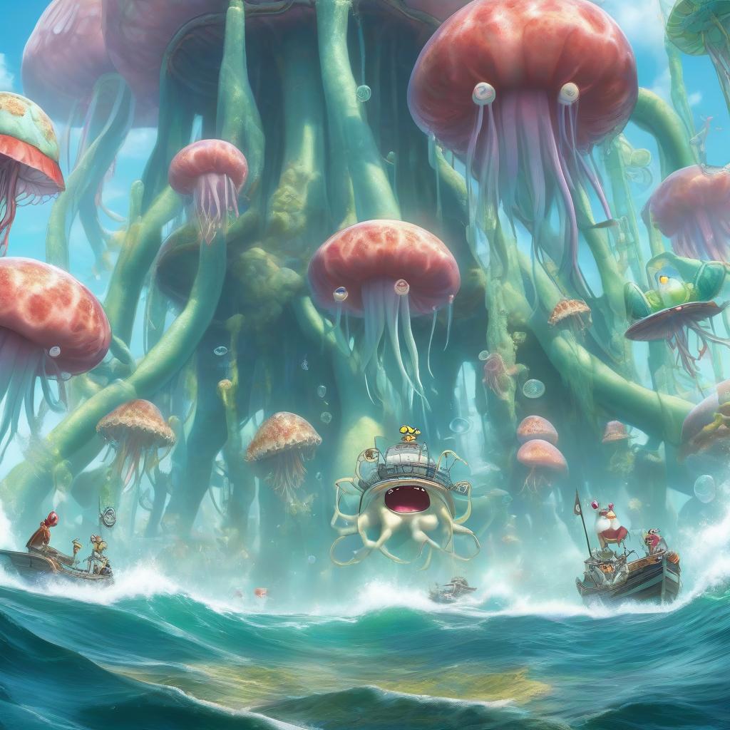  SpongeBob mounted a giant jellyfish, holding a trident in his hand, and his army, namely Patrick, Squidward, Mr. Krabs, and Cyber punk Krabs Krabby Patty, are nearby. hyperrealistic, full body, detailed clothing, highly detailed, cinematic lighting, stunningly beautiful, intricate, sharp focus, f/1. 8, 85mm, (centered image composition), (professionally color graded), ((bright soft diffused light)), volumetric fog, trending on instagram, trending on tumblr, HDR 4K, 8K