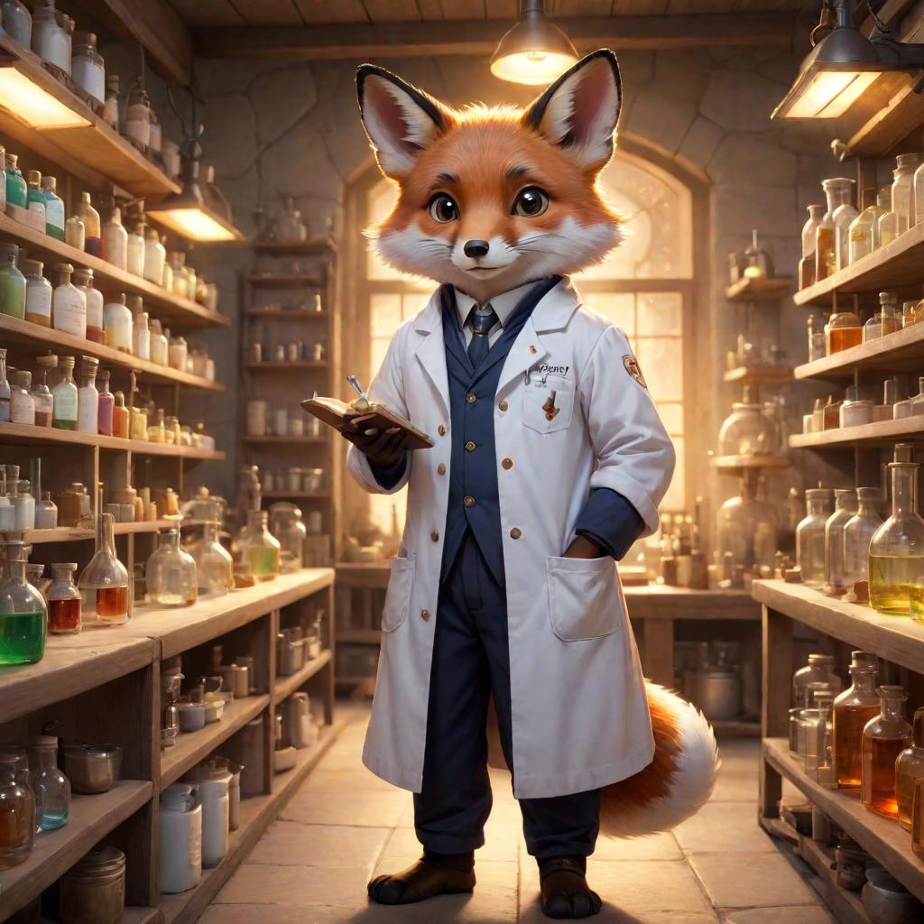  upper body, fox Cheeseville, Soft Alchemical Glow, Curious and Inquisitive, Tiny and Nimble, Whiskers and Bright Eyes, Scientific Lab Coat with a Pocket Protector, Alchemical Laboratory with Potion filled Shelves, Chemist and Alchemist in the Mouse Lab