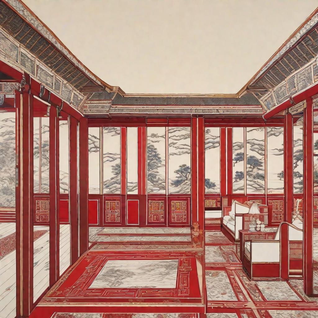  masterpiece, best quality, fidelity 16:9, a concept drawing of decoration design of a Chinese tobacco hotel, mainly red and white