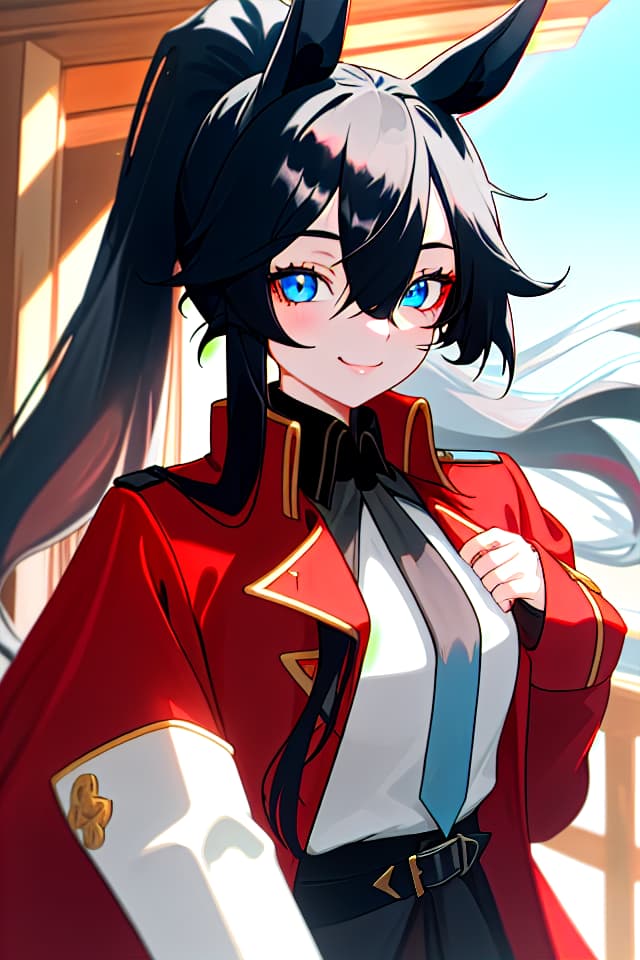  Girls, black hair, Long hair, ponytail, horse ear, eye mask, light blue eyes, confidence, SMILE, UPPER BODY, red long coat, sunlight