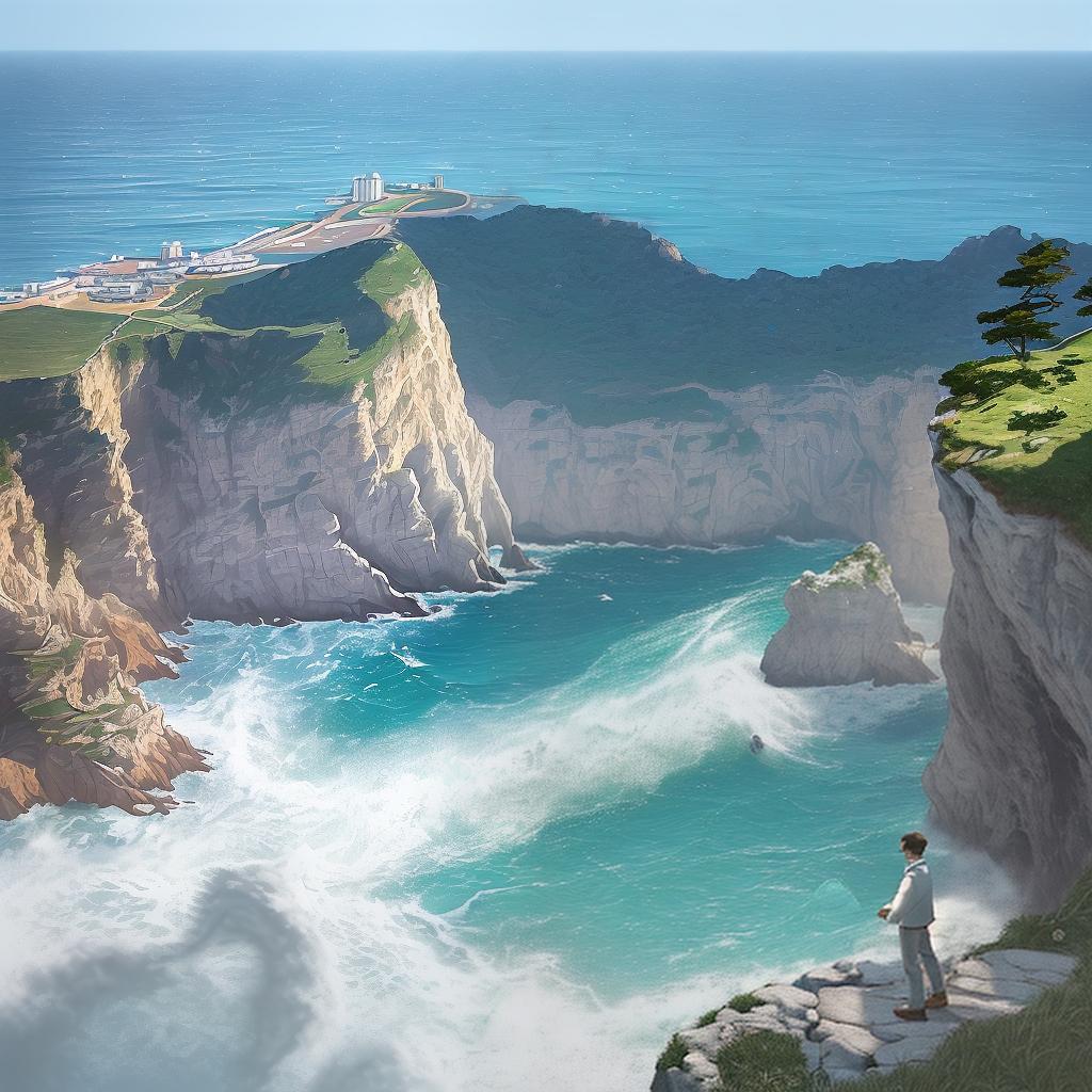  masterpiece, best quality, A serene and graceful male singer standing on a cliff by the sea, surrounded by a breathtaking natural landscape. With gentle waves crashing against the rocks below, the singer's voice resonates with the tranquility of the ocean. The atmosphere is peaceful and introspective, evoking a sense of connection with nature. The style is reminiscent of Makoto Shinkai's works, with soft colors and detailed backgrounds. The realization can be achieved through a combination of digital painting and 3D rendering, using software like Photoshop and Blender. The camera can be positioned to capture the singer in a side profile, emphasizing the vastness of the scenery and creating a sense of awe.