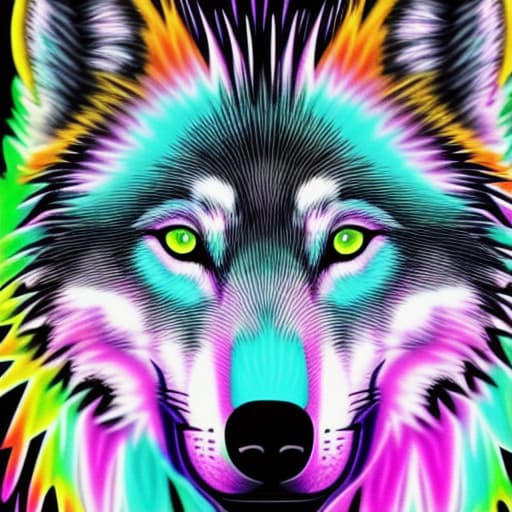  Create an image featuring a wolf with a vibrant, multi-colored neon fur palette, similar to that of a psychedelic artwork. The wolf should have intense, captivating eyes, and its fur should appear in flowing, intricate patterns and waves that give a sense of dynamic movement. The background should be a deep, rich navy blue to contrast with the bright neon hues of the wolf's fur. The image should be highly detailed, with a resolution of 768x768 pixels, providing a sense of texture and depth to each strand of fur, reminiscent of a fantastical neon-lit creature.