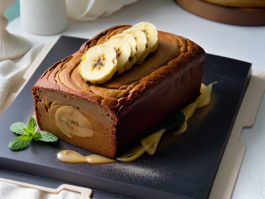  A closeup, ultradetailed image of a perfectly goldenbrown, freshly baked loaf of panelainfused banana bread, with steam gently rising from its moist interior. The bread is artfully sliced to reveal the rich, caramelized swirls of panela running through each slice, set on a sleek, matte black granite countertop with a scattering of loose panela granules, a rustic wooden spoon, and a sprig of fresh mint in the background. hyperrealistic, full body, detailed clothing, highly detailed, cinematic lighting, stunningly beautiful, intricate, sharp focus, f/1. 8, 85mm, (centered image composition), (professionally color graded), ((bright soft diffused light)), volumetric fog, trending on instagram, trending on tumblr, HDR 4K, 8K