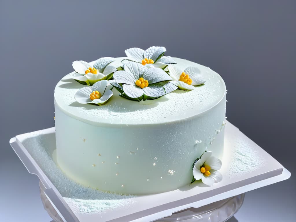  A closeup, ultradetailed image of a pristine white cake covered in a perfectly smooth layer of powdered sugar, with delicate sugar flowers meticulously arranged on top, showcasing a flawless finish for a professional dessert presentation. hyperrealistic, full body, detailed clothing, highly detailed, cinematic lighting, stunningly beautiful, intricate, sharp focus, f/1. 8, 85mm, (centered image composition), (professionally color graded), ((bright soft diffused light)), volumetric fog, trending on instagram, trending on tumblr, HDR 4K, 8K