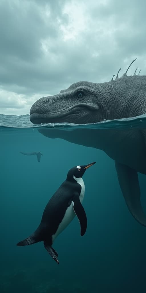  good quality, high quality, a small penguin and a huge mosasaurus swimming together in the water, epic, realistic, highly detailed