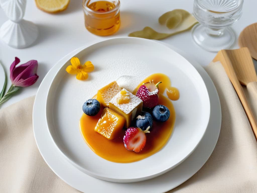  An ultradetailed 8k image of a delicate, minimalist dessert plate showcasing a variety of natural sweeteners such as honey, maple syrup, agave nectar, and stevia leaves arranged in an elegant and visually appealing manner. The presentation is aesthetically pleasing, with each sweetener in its own small, transparent glass container, accompanied by fresh fruit slices and edible flowers for a touch of color contrast. The background is softly blurred to enhance the focus on the natural sweetness and purity of the ingredients, creating a visually captivating and enticing image that perfectly complements the article's theme of enhancing dessert nutrition with natural sweeteners. hyperrealistic, full body, detailed clothing, highly detailed, cinematic lighting, stunningly beautiful, intricate, sharp focus, f/1. 8, 85mm, (centered image composition), (professionally color graded), ((bright soft diffused light)), volumetric fog, trending on instagram, trending on tumblr, HDR 4K, 8K