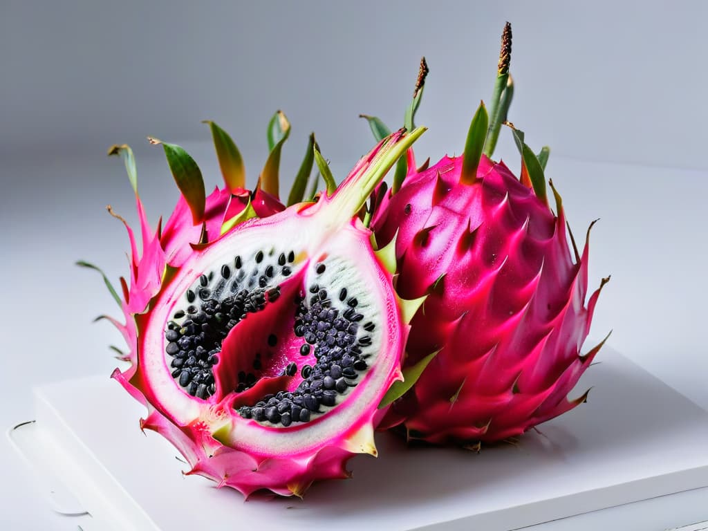  A highresolution, ultradetailed image of a vibrant pitahaya fruit cut in half, showcasing its rich magenta flesh filled with black seeds, set against a clean, minimalistic white background. The image captures the intricate texture of the dragon fruit's skin and the juicy, succulent interior, emanating freshness and exotic allure. hyperrealistic, full body, detailed clothing, highly detailed, cinematic lighting, stunningly beautiful, intricate, sharp focus, f/1. 8, 85mm, (centered image composition), (professionally color graded), ((bright soft diffused light)), volumetric fog, trending on instagram, trending on tumblr, HDR 4K, 8K