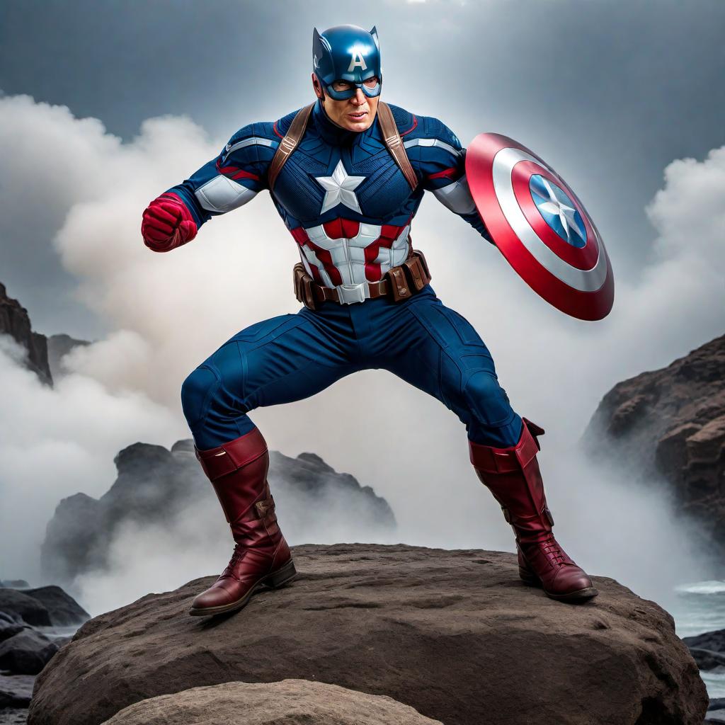  Donald Trump as Captain America in a superhero pose with a theme of 'Making America Great Again'. The image should capture the essence of Captain America's iconic costume merged with recognizable features of Donald Trump. The background should have an American flag motif to enhance the theme. The overall tone should be patriotic and empowering. hyperrealistic, full body, detailed clothing, highly detailed, cinematic lighting, stunningly beautiful, intricate, sharp focus, f/1. 8, 85mm, (centered image composition), (professionally color graded), ((bright soft diffused light)), volumetric fog, trending on instagram, trending on tumblr, HDR 4K, 8K