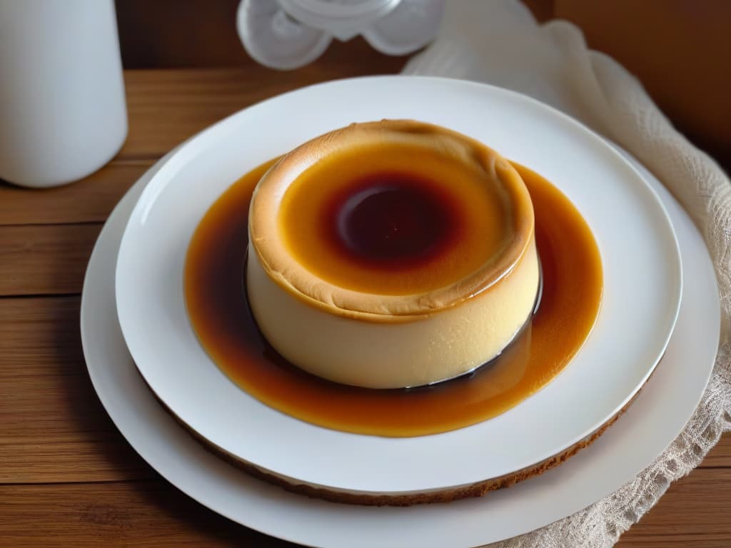  A closeup, ultradetailed image of a perfectly caramelized, goldenbrown flan resting on a sleek, white porcelain plate. The surface of the flan is smooth and glossy, reflecting the soft lighting in the room, with a delicate wisp of steam rising from its surface. The plate is elegantly placed on a rustic wooden table, emphasizing the contrast between the modern presentation and traditional elements. The image captures the essence of a decadent yet healthy dessert, inviting the viewer to indulge in a guiltfree treat. hyperrealistic, full body, detailed clothing, highly detailed, cinematic lighting, stunningly beautiful, intricate, sharp focus, f/1. 8, 85mm, (centered image composition), (professionally color graded), ((bright soft diffused light)), volumetric fog, trending on instagram, trending on tumblr, HDR 4K, 8K