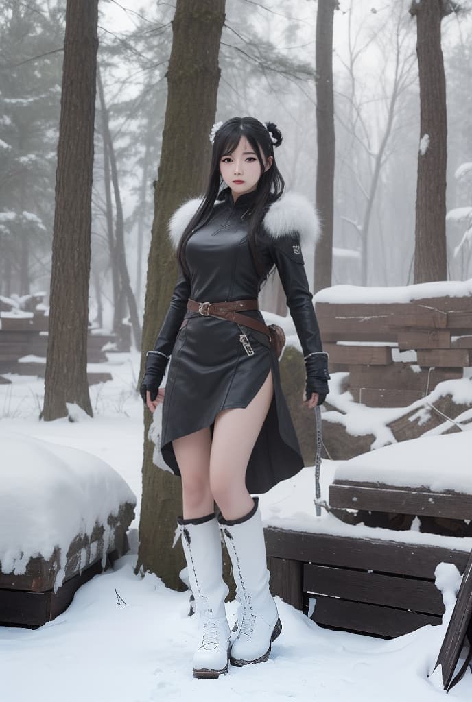  a woman in a dress and boots is standing in the snow, by Yang J, wlop and ross tran, ross tran 8 k, ross tran and wlop, wlop art, the style of wlop, ross tran style, by Zhou Chen, art of wlop, 2. 5 d cgi anime fantasy artwork, by Chen Lin, anime fantasy artwork, ADVERTISING PHOTO,high quality, good proportion, masterpiece , The image is captured with an 8k camera