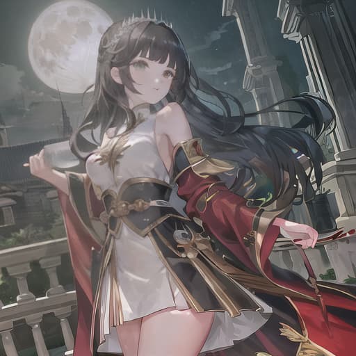  master piece , best quality,Black hair, green eyes, moon diadem, night, blood.