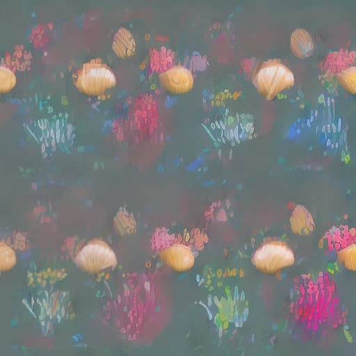 redshift style this is a minimalistic shapes original art print of cute seashells among flowers. vibrant colors
