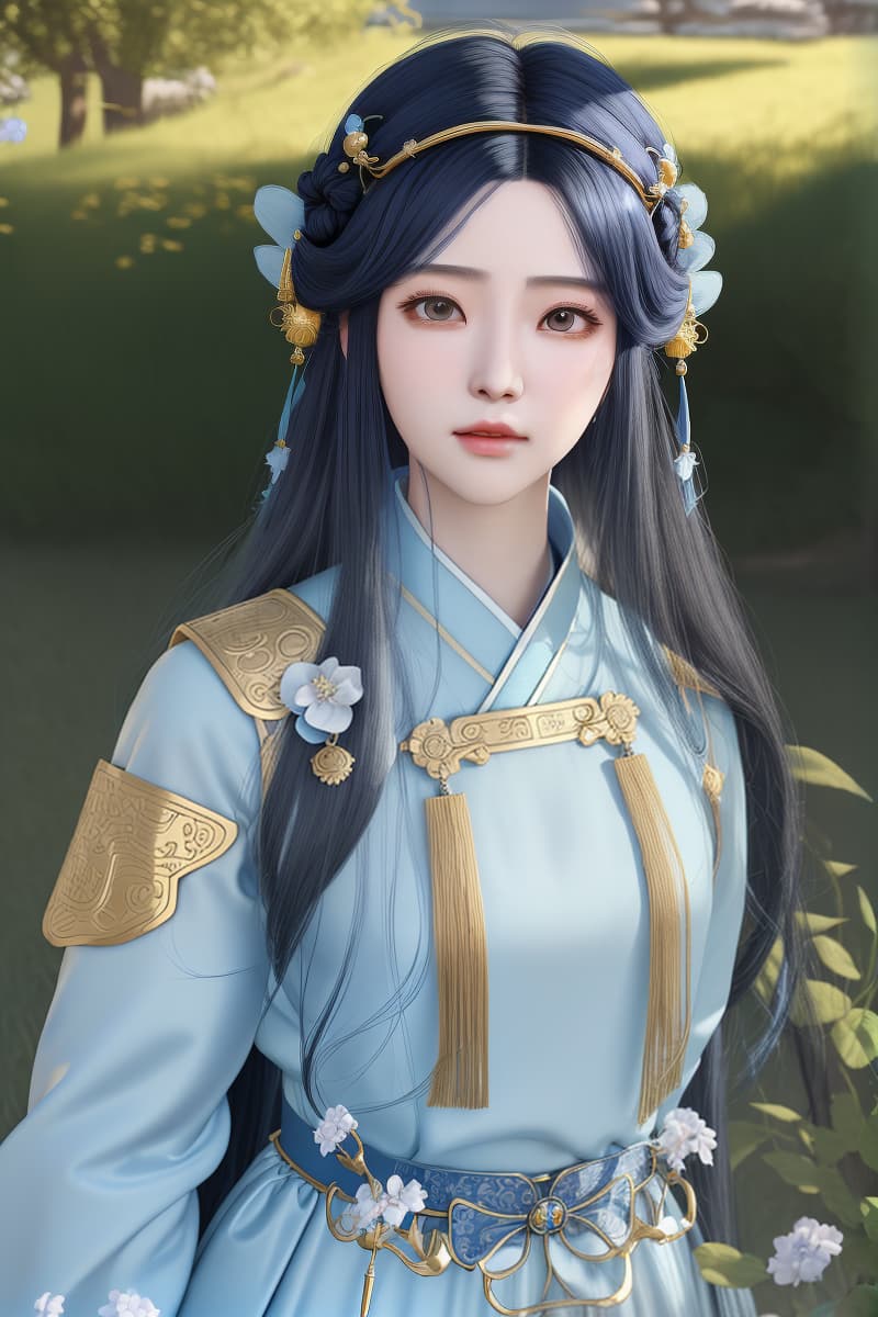  masterpiece, best quality,(fidelity: 1.4), best quality, masterpiece, super high resolution, 3D anime, fantasy art, very detailed faces, 8k resolution, chinese style, anime willow god in perfect world, quiet, light blue hanfu, tulle coat, long black hair, golden hair accessories, hair clip