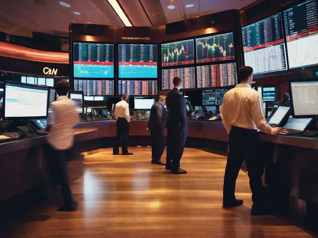  A dynamic stock market floor with traders looking at screens displaying graphs with arrows pointing upwards and downwards, reflecting volatility and market reactions. digital art, ilustration, no flares, clean hyperrealistic, full body, detailed clothing, highly detailed, cinematic lighting, stunningly beautiful, intricate, sharp focus, f/1. 8, 85mm, (centered image composition), (professionally color graded), ((bright soft diffused light)), volumetric fog, trending on instagram, trending on tumblr, HDR 4K, 8K