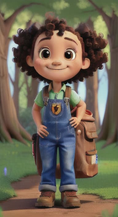  {The tree with a smiling face formed by its bark, looking down at Riley., Riley, a curious with big brown eyes and curly hair, wearing overalls and carrying a small backpack. Their friend, Skye, a bluebird with shiny feathers.